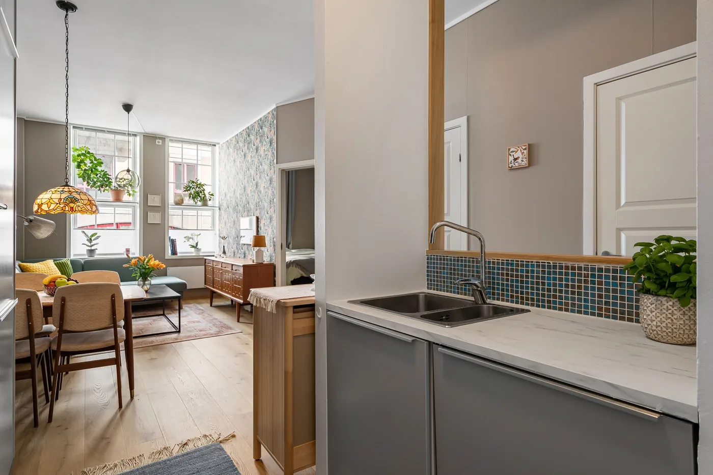 Compact two-bedroom apartment living area